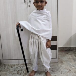 The most recognizable part of the costume is the white dhoti, a traditional Indian garment worn by men. It's a simple, loose-fitting cloth wrapped around the waist and legs.